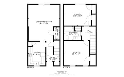 Floor plan for 2 beds, 1.5 baths, 1122 sqft
